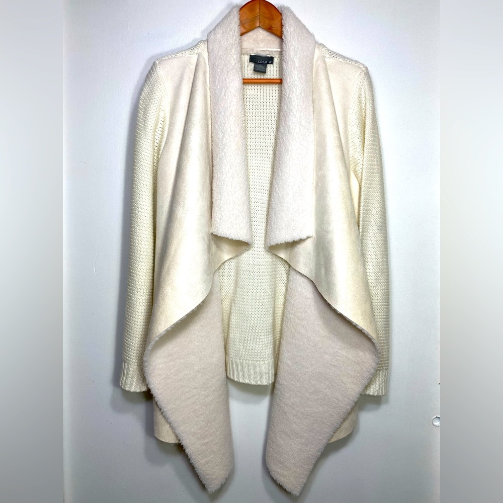 Lola B. Beige Knit Faux Shearling Open Front Shrugs Draped Cardigan, XL
